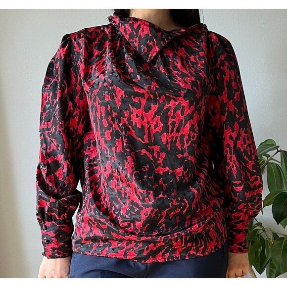 vtg 80s long sleeve satiny blouse red black glam classic maximalist style large - Picture 4 of 9
